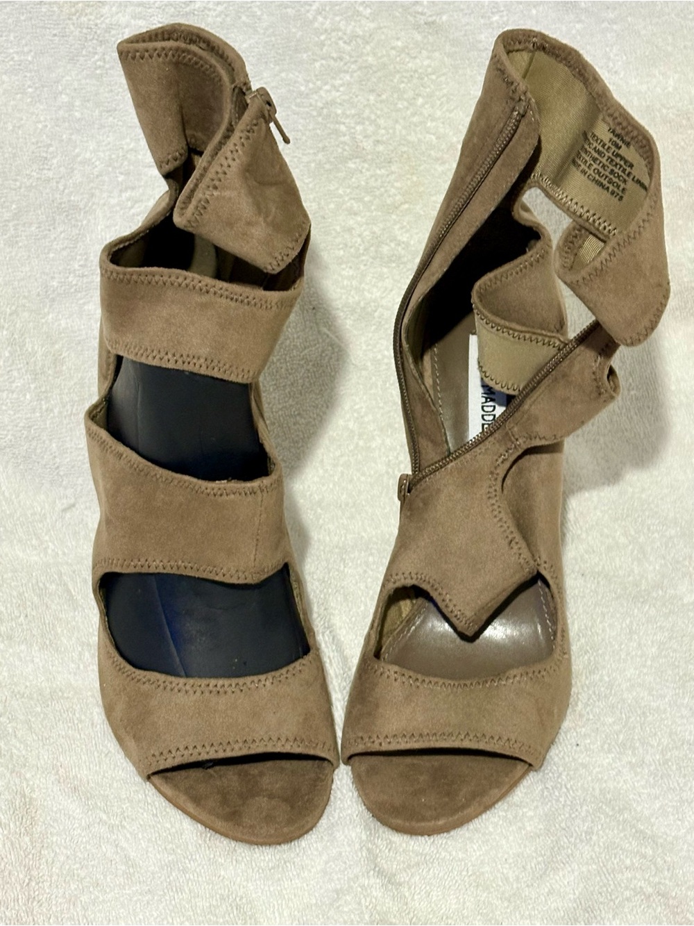 Steve Madden Taupe Suede Strappy Open-Toe Heels with Side Zip